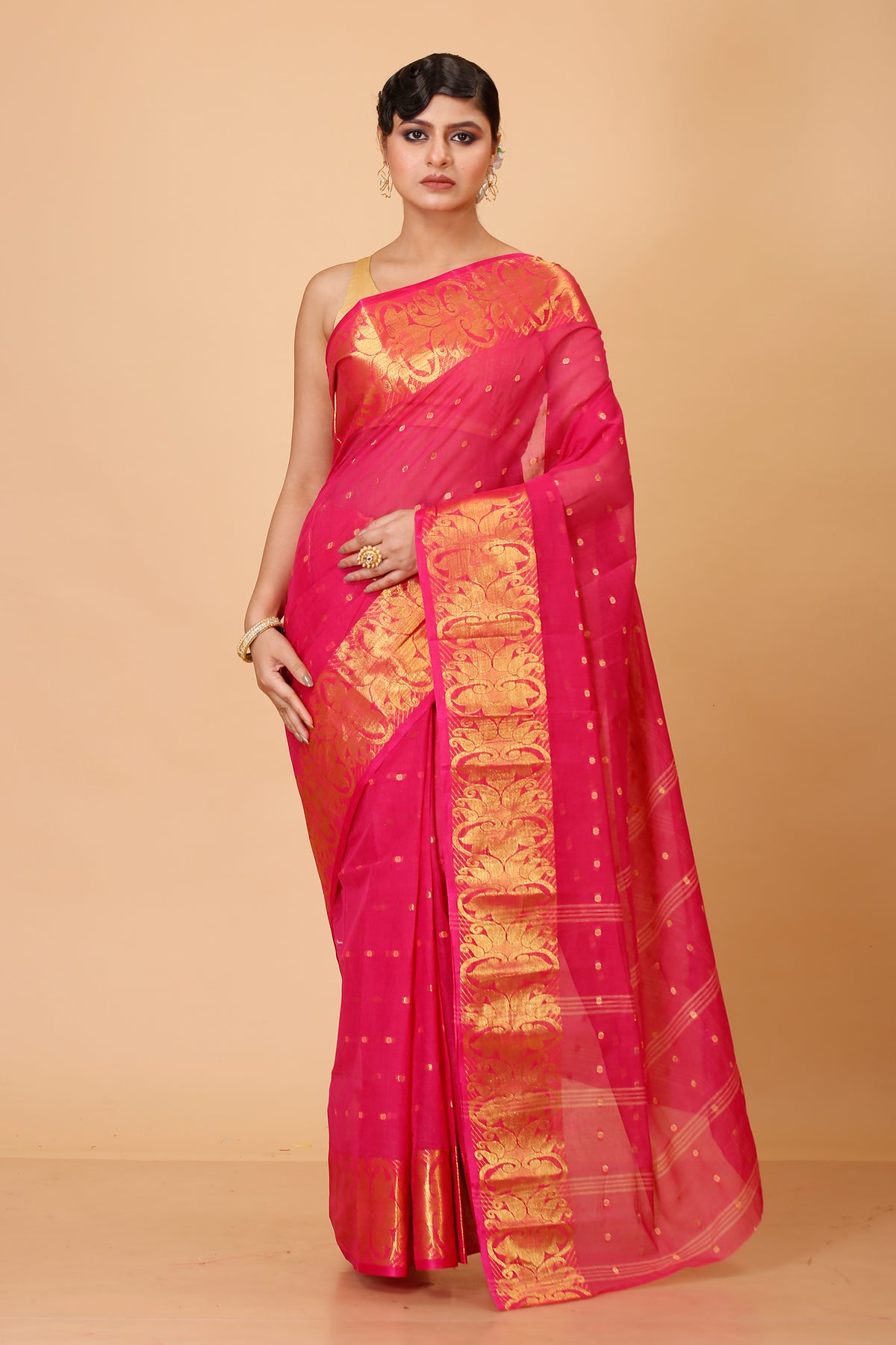 Pure Cotton Tant Saree Ball Buti Design Tant Saree With Self Design Zari Border