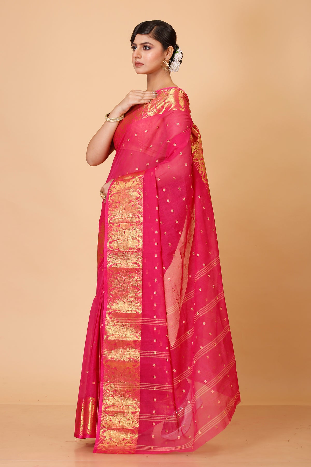 Pure Cotton Tant Saree Ball Buti Design Tant Saree With Self Design Zari Border