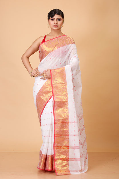Pure Cotton Tant Saree Ball Buti Design Tant Saree With Self Design Zari Border