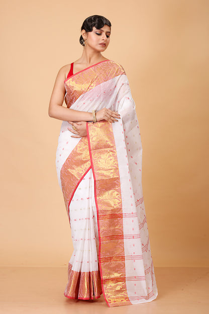 Pure Cotton Tant Saree Ball Buti Design Tant Saree With Self Design Zari Border