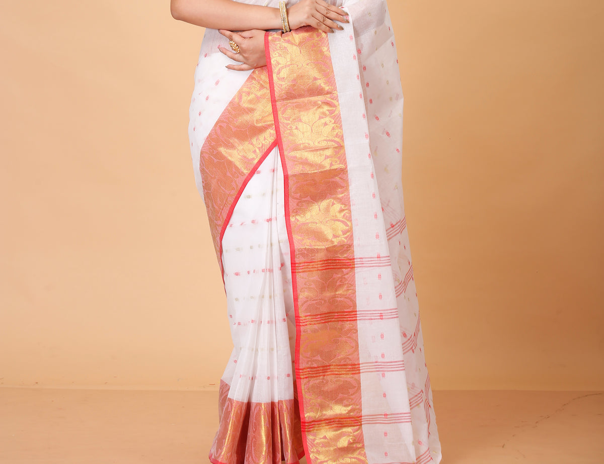 Pure Cotton Tant Saree Ball Buti Design Tant Saree With Self Design Zari Border