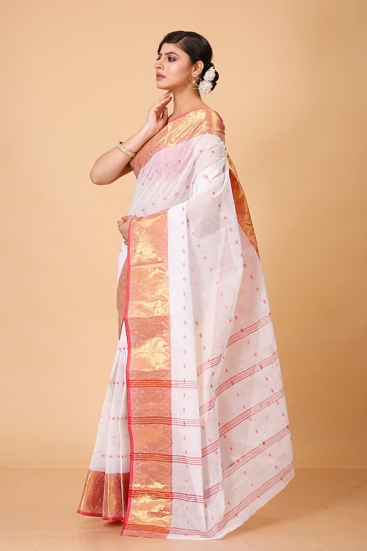 Pure Cotton Tant Saree Ball Buti Design Tant Saree With Self Design Zari Border