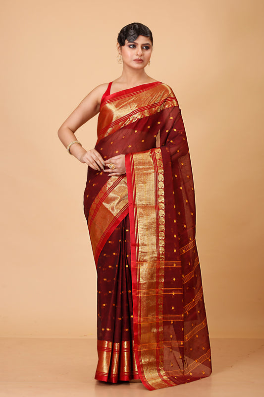 Pure Cotton Tant Saree Woven, Embellished, Embroidered Tant Pure Cotton Saree