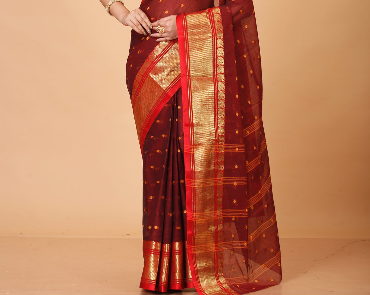 Pure Cotton Tant Saree Woven, Embellished, Embroidered Tant Pure Cotton Saree