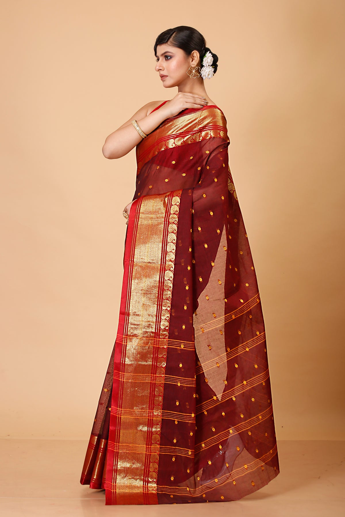Pure Cotton Tant Saree Woven, Embellished, Embroidered Tant Pure Cotton Saree