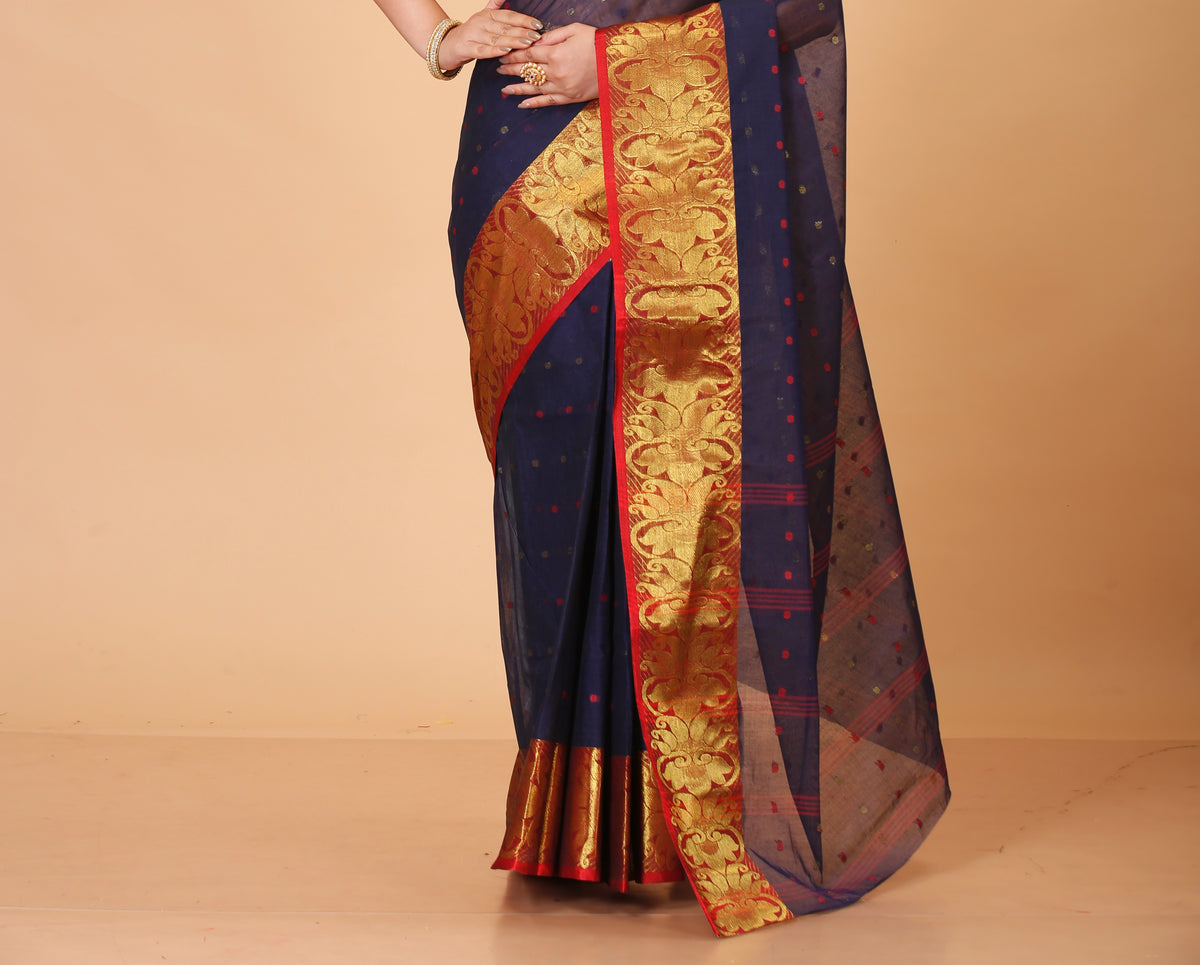 Pure Cotton Tant Saree Ball Buti Design Tant Saree With Self Design Zari Border