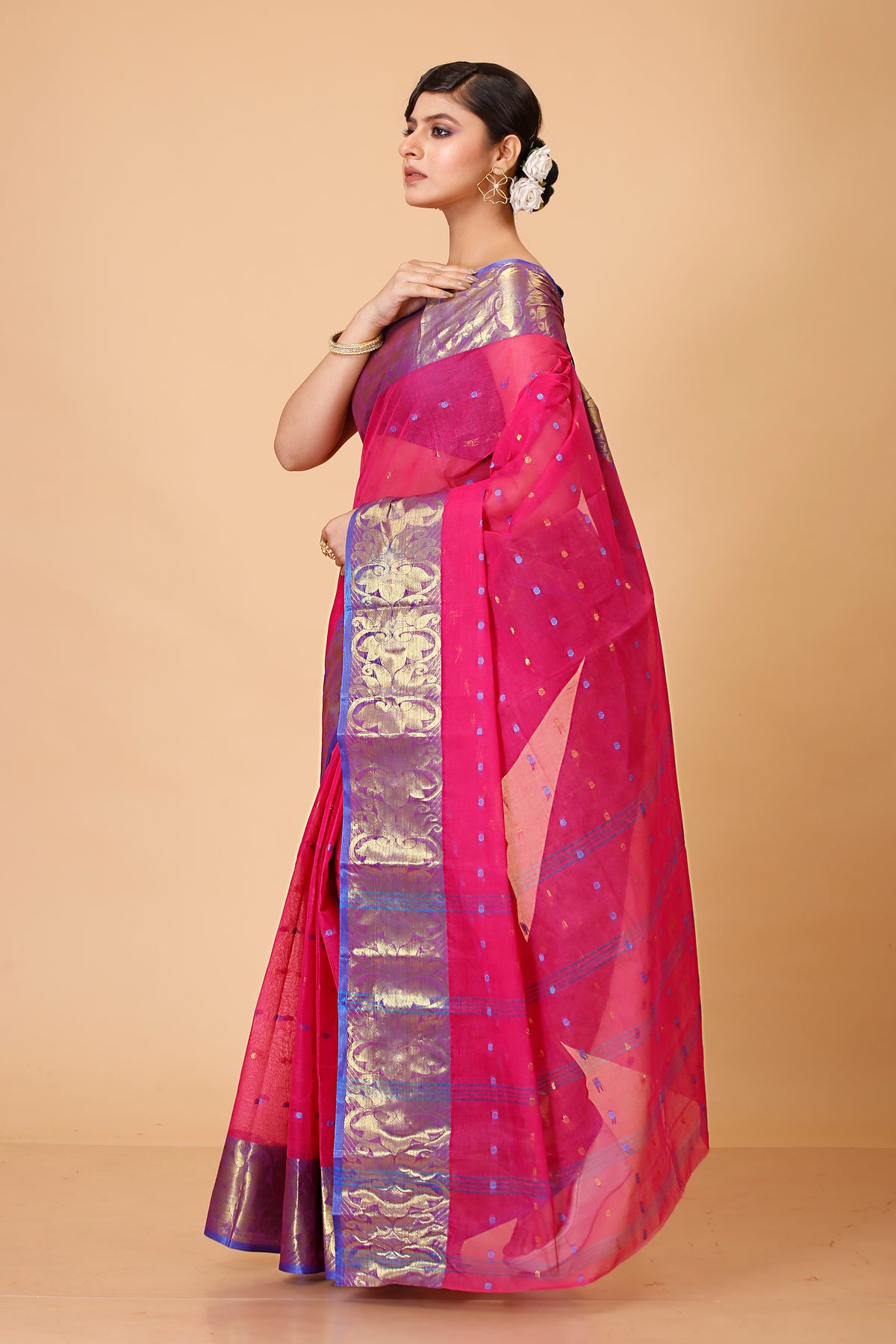 Pure Cotton Tant Saree Ball Buti Design Tant Saree With Self Design Zari Border