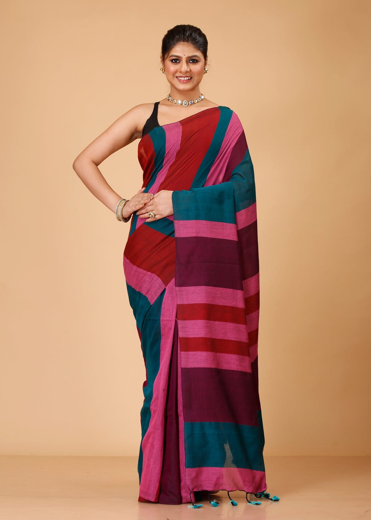 Cotton Handloom Saree Striped, Color Block Handloom Cotton Blend Saree