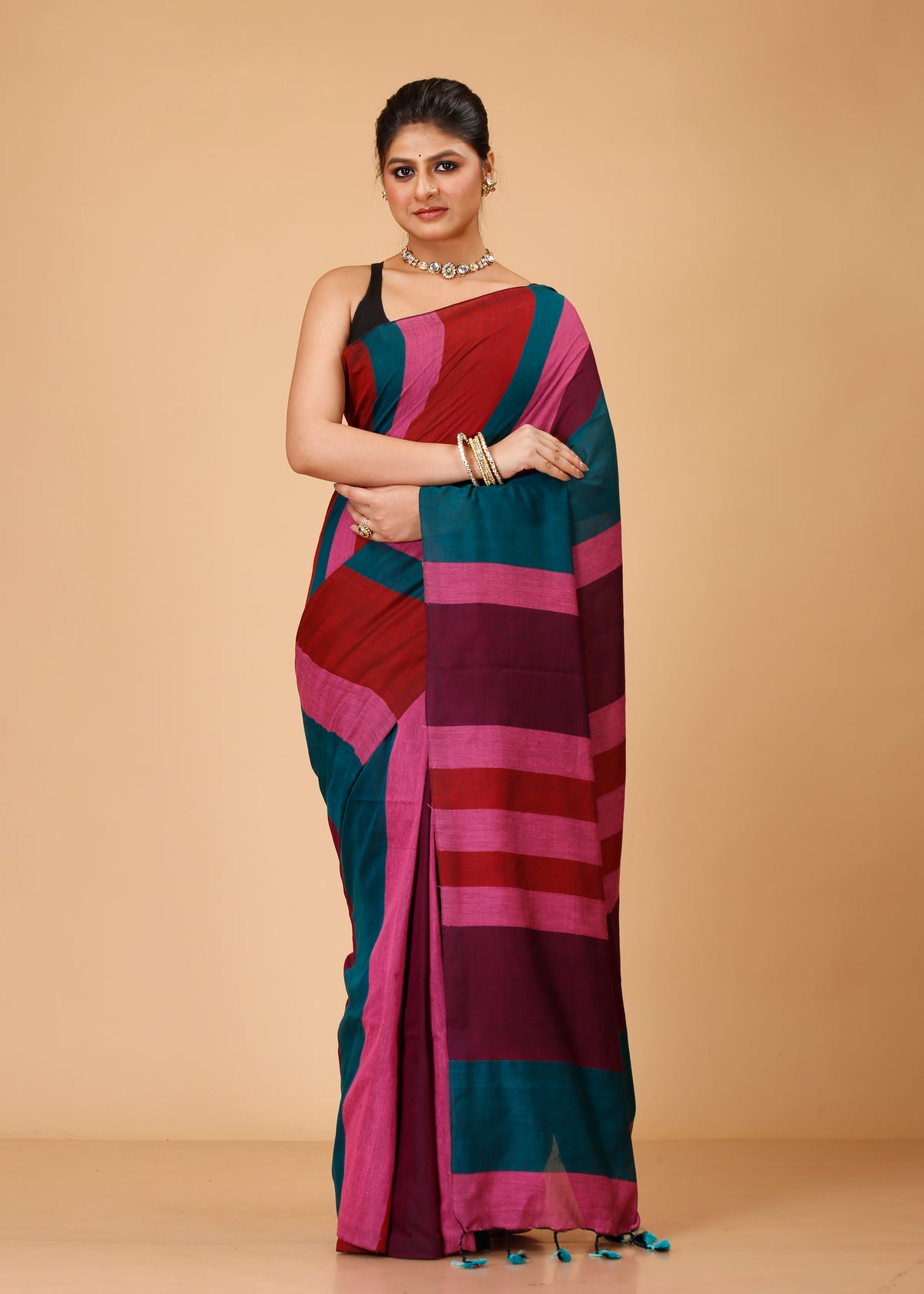 Cotton Handloom Saree Striped, Color Block Handloom Cotton Blend Saree