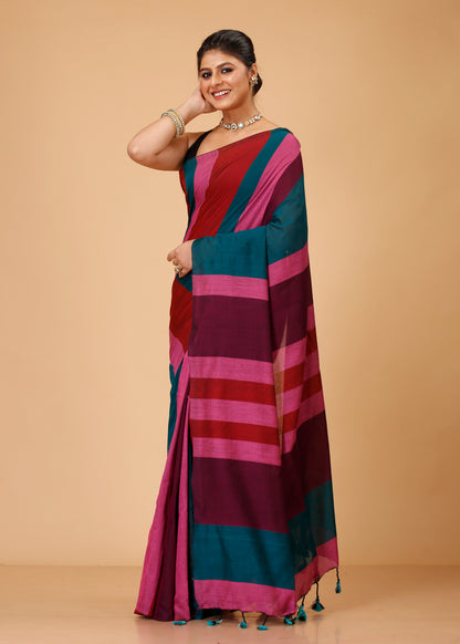 Cotton Handloom Saree Striped, Color Block Handloom Cotton Blend Saree