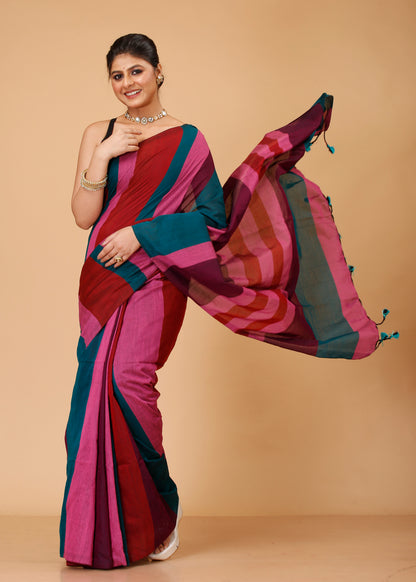 Cotton Handloom Saree Striped, Color Block Handloom Cotton Blend Saree