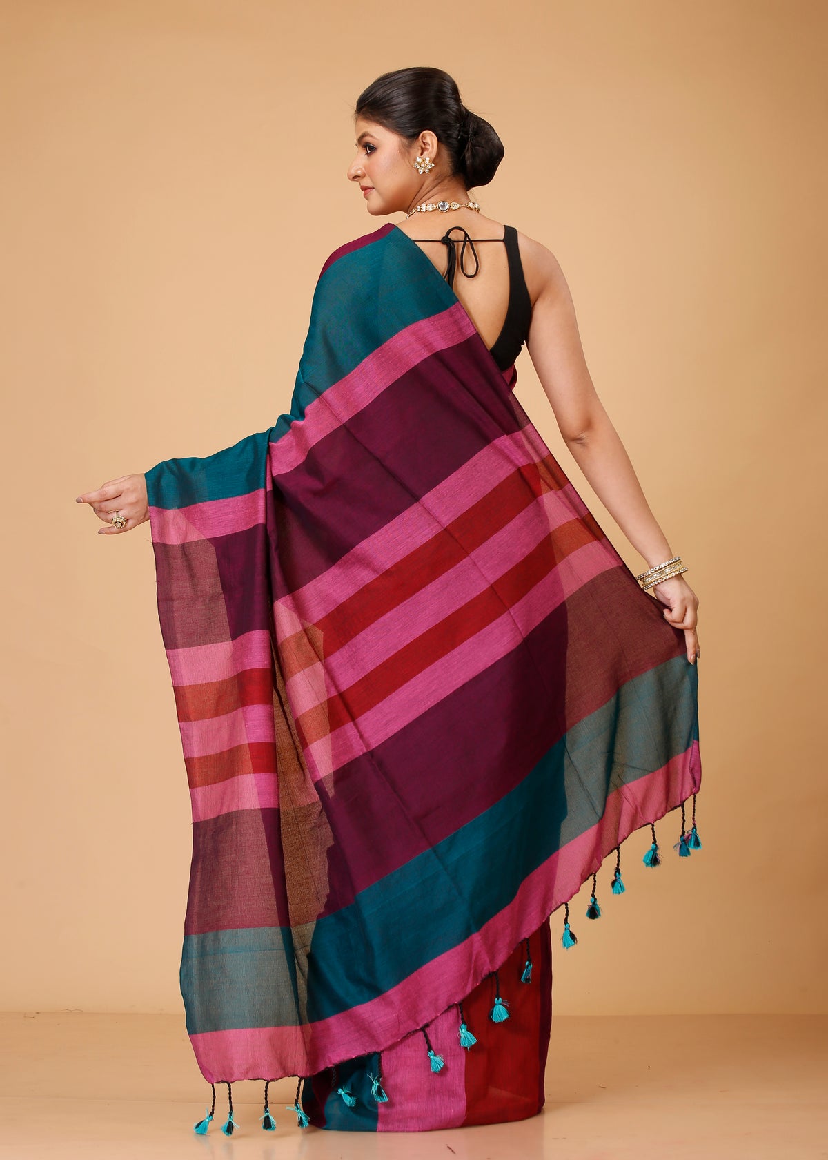Cotton Handloom Saree Striped, Color Block Handloom Cotton Blend Saree