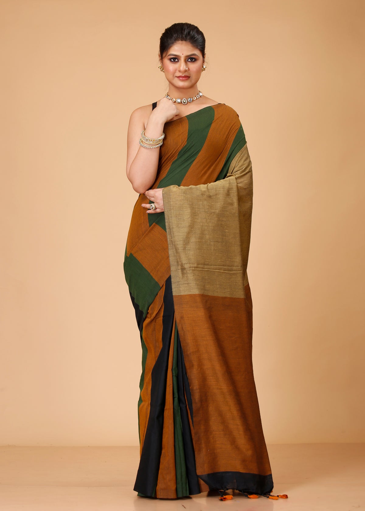 Cotton Handloom Saree Striped, Color Block Handloom Cotton Blend Saree