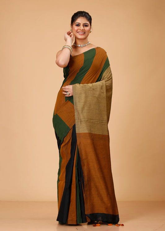 Cotton Handloom Saree Striped, Color Block Handloom Cotton Blend Saree