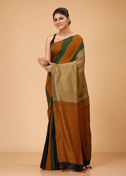Cotton Handloom Saree Striped, Color Block Handloom Cotton Blend Saree