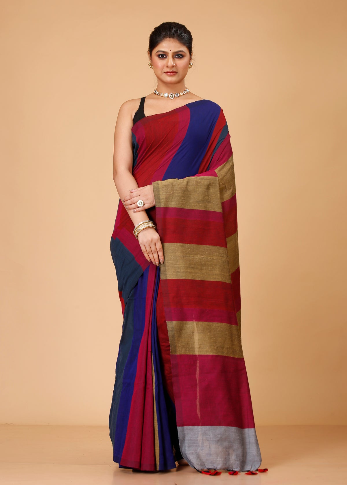Cotton Handloom Saree Striped, Color Block Handloom Cotton Blend Saree