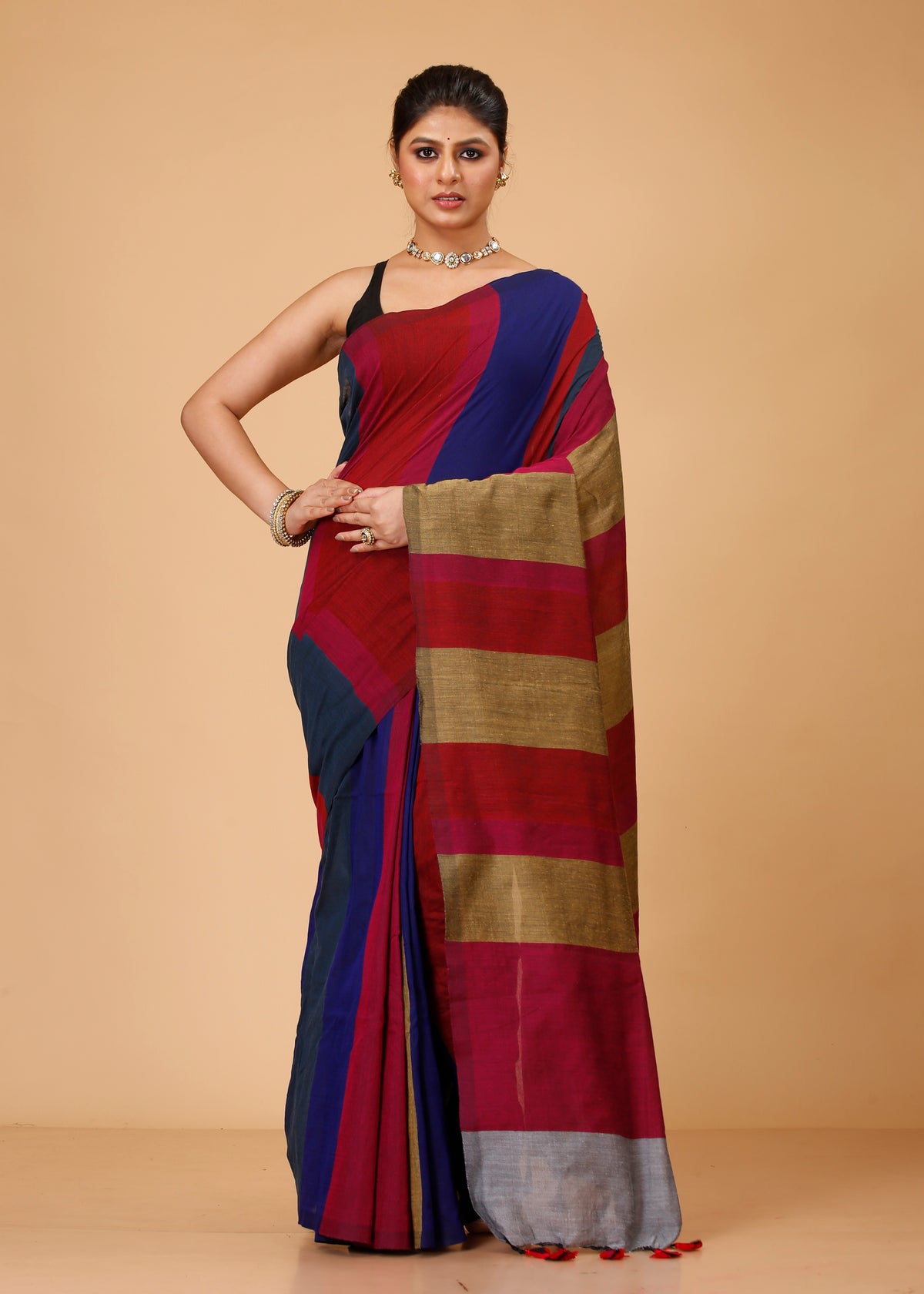 Cotton Handloom Saree Striped, Color Block Handloom Cotton Blend Saree