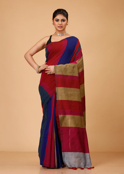 Cotton Handloom Saree Striped, Color Block Handloom Cotton Blend Saree