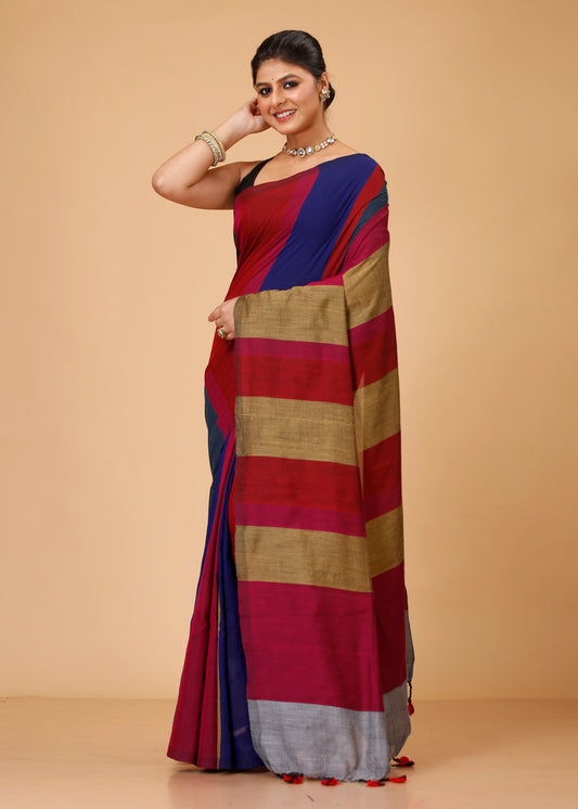 Cotton Handloom Saree Striped, Color Block Handloom Cotton Blend Saree