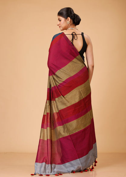 Cotton Handloom Saree Striped, Color Block Handloom Cotton Blend Saree