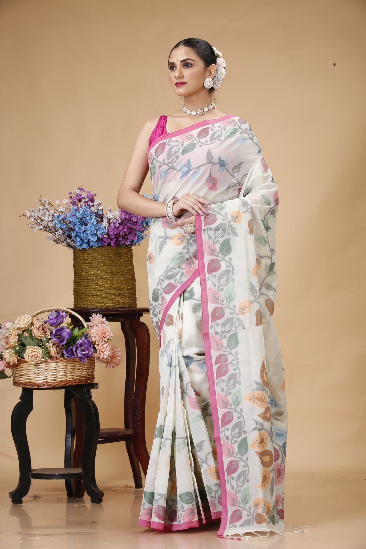 Dhakai Jamdani Pure Cotton Floral Design Woven Jamdani