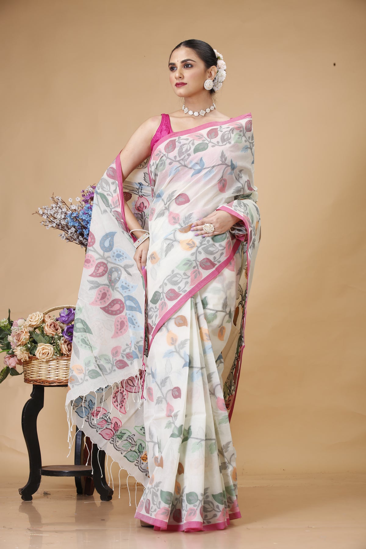 Dhakai Jamdani Pure Cotton Floral Design Woven Jamdani