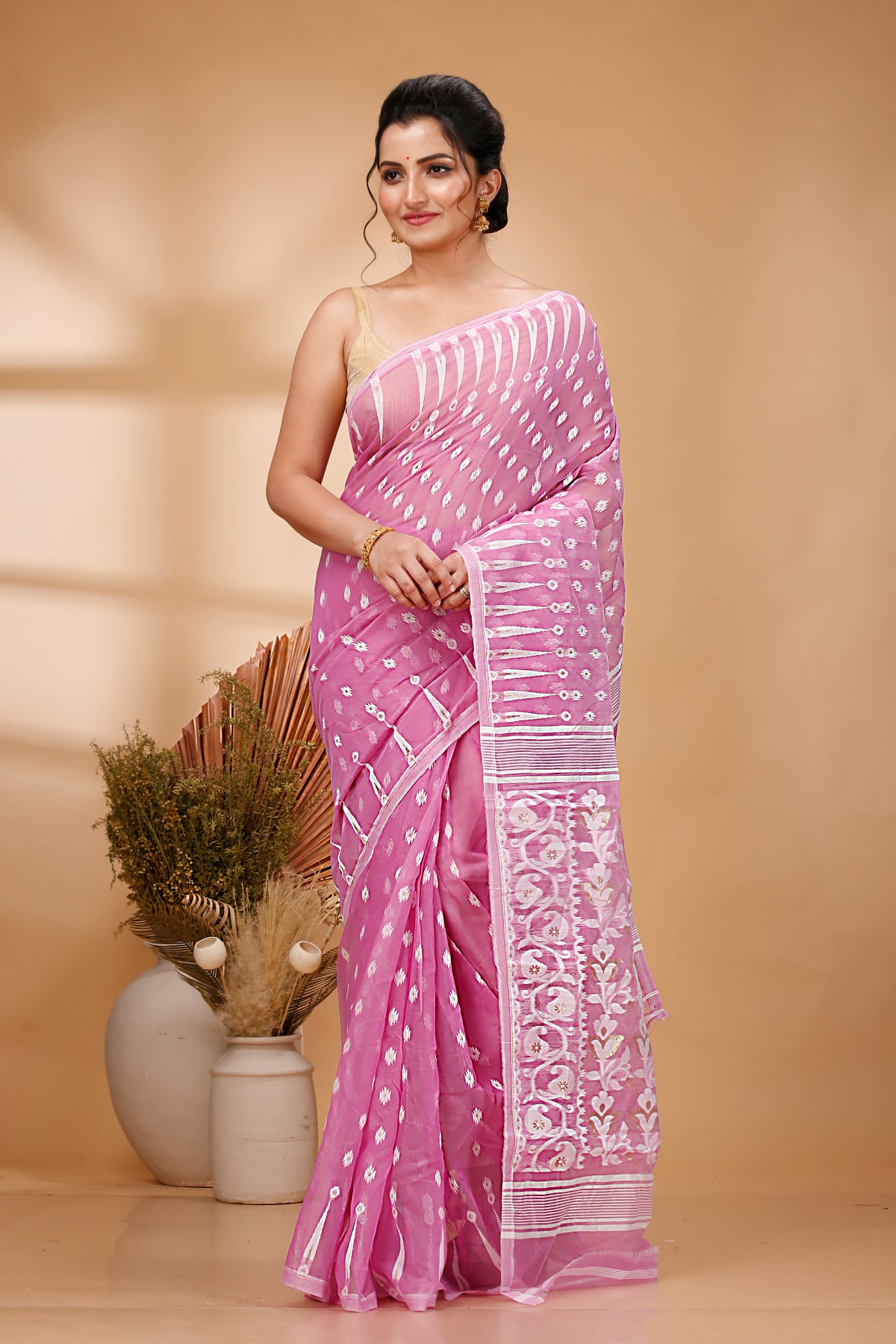 Cotton Jamdani Saree Geometric and Floral Design Woven Saree