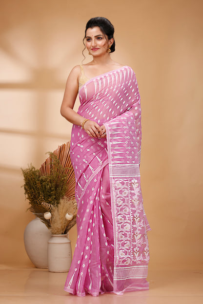 Cotton Jamdani Saree Geometric and Floral Design Woven Saree