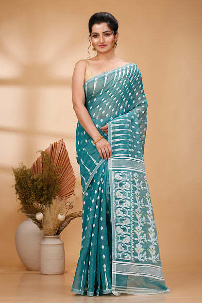 Cotton Jamdani Saree Geometric and Floral Design Woven Saree