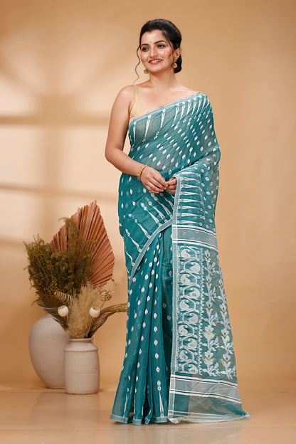 Cotton Jamdani Saree Geometric and Floral Design Woven Saree