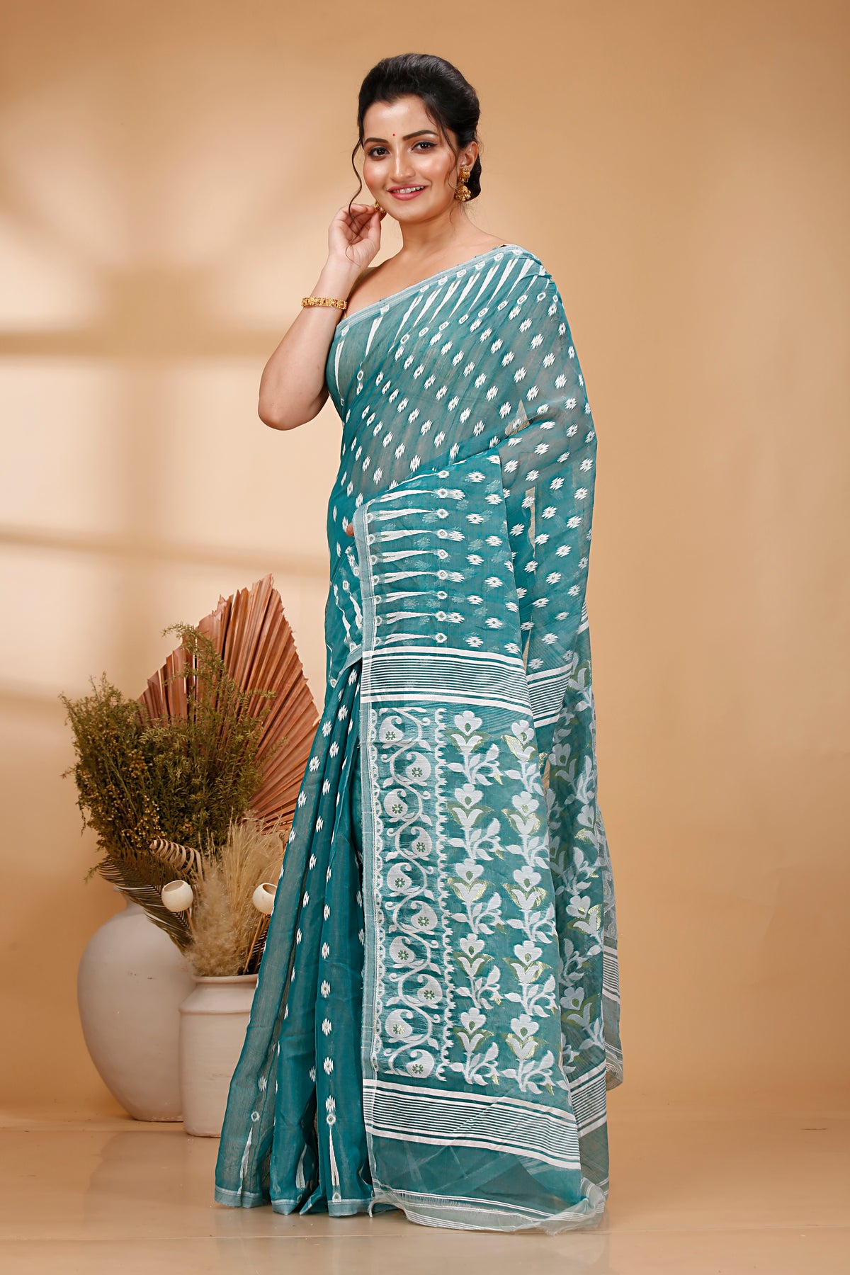 Cotton Jamdani Saree Geometric and Floral Design Woven Saree