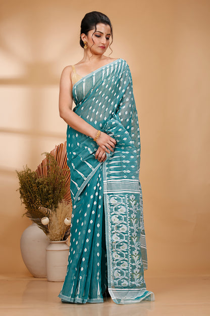 Cotton Jamdani Saree Geometric and Floral Design Woven Saree