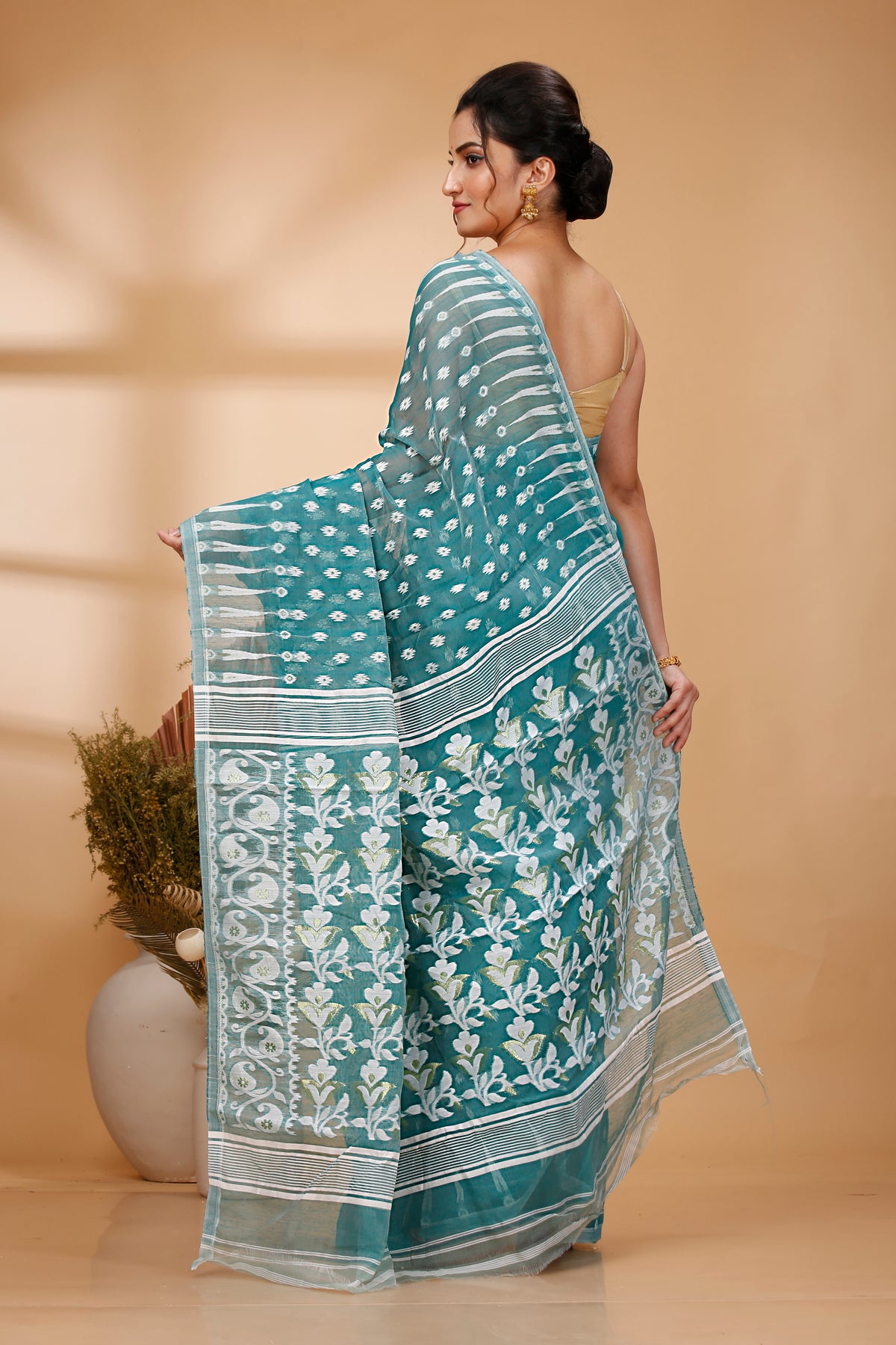 Cotton Jamdani Saree Geometric and Floral Design Woven Saree