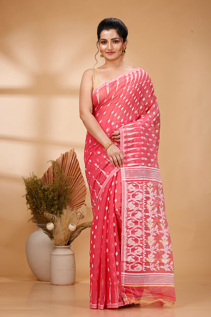 Cotton Jamdani Saree Geometric and Floral Design Woven Saree