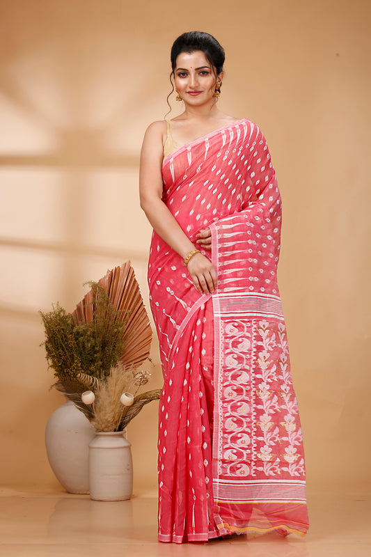 Cotton Jamdani Saree Geometric and Floral Design Woven Saree