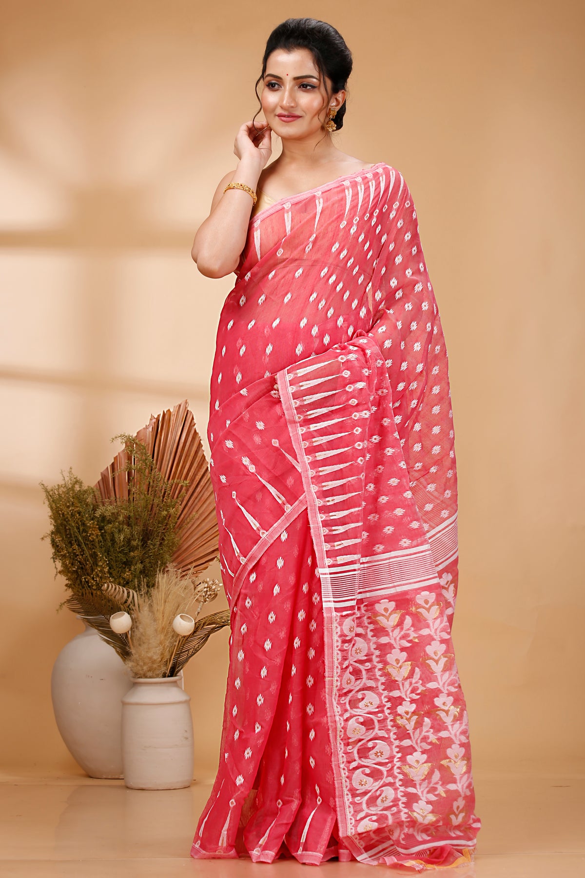 Cotton Jamdani Saree Geometric and Floral Design Woven Saree