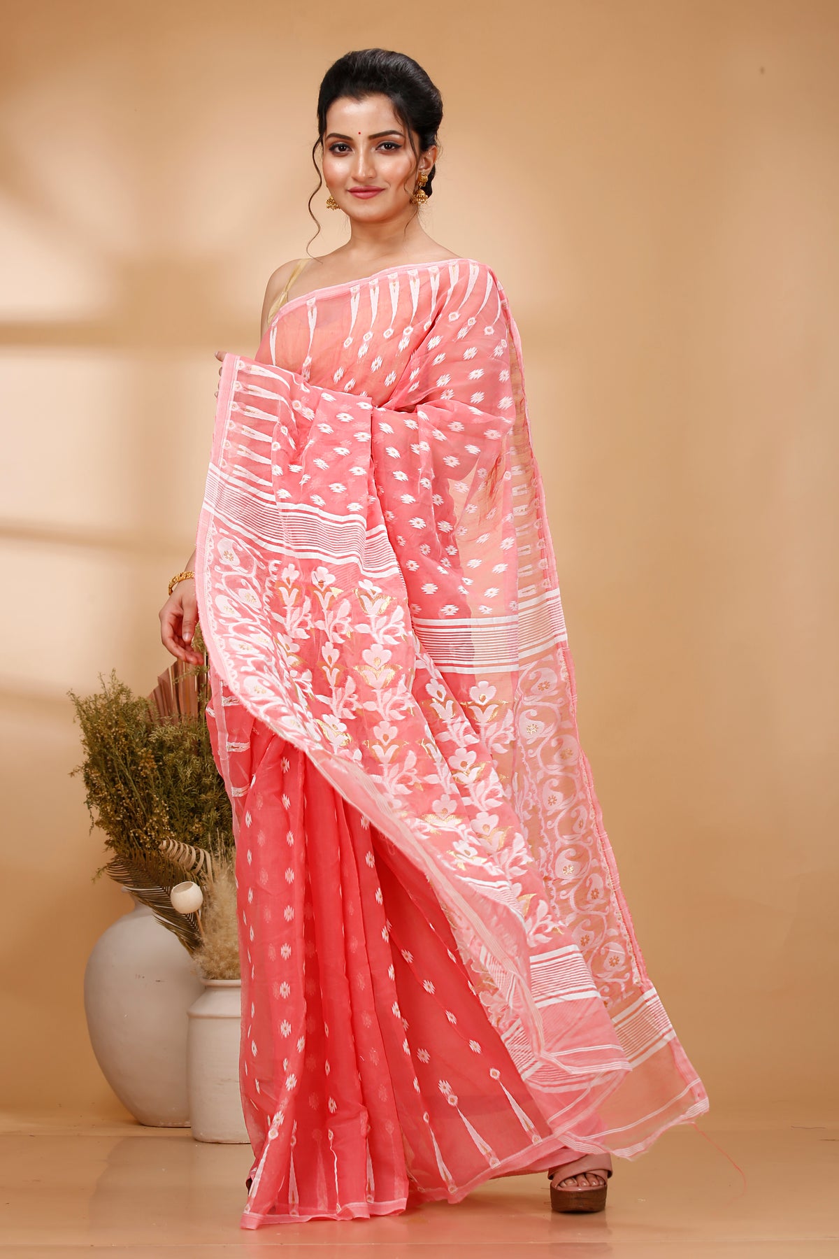 Cotton Jamdani Saree Geometric and Floral Design Woven Saree