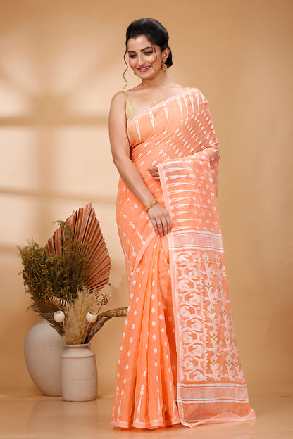 Cotton Jamdani Saree Geometric and Floral Design Woven Saree