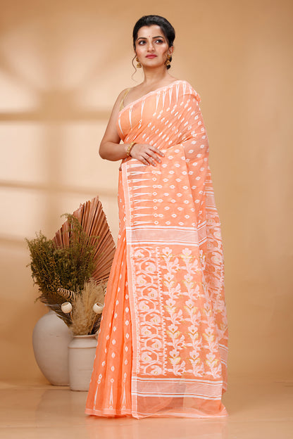 Cotton Jamdani Saree Geometric and Floral Design Woven Saree