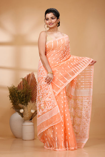 Cotton Jamdani Saree Geometric and Floral Design Woven Saree