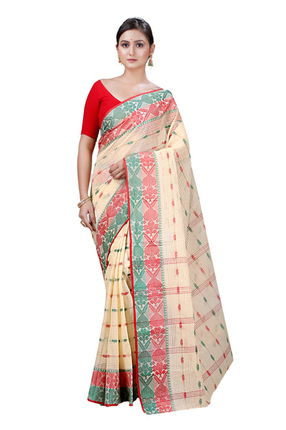 Cotton Tant Saree Geometric and Abstract Leaf Design Woven Saree