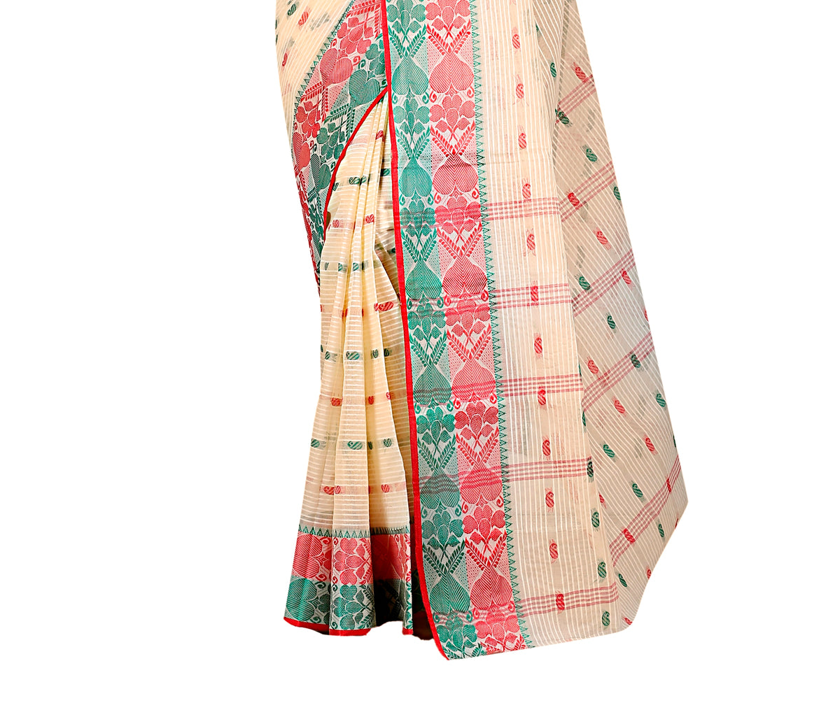 Cotton Tant Saree Geometric and Abstract Leaf Design Woven Saree