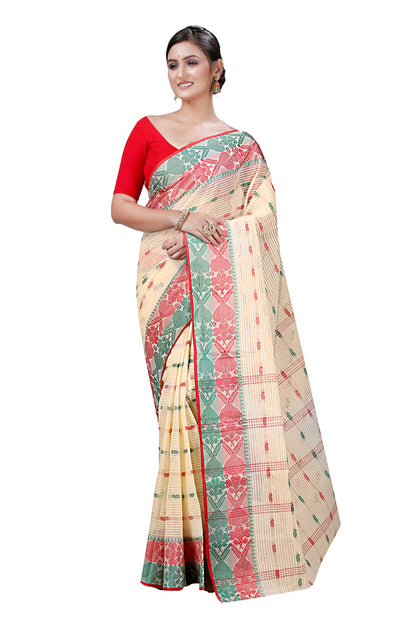 Cotton Tant Saree Geometric and Abstract Leaf Design Woven Saree
