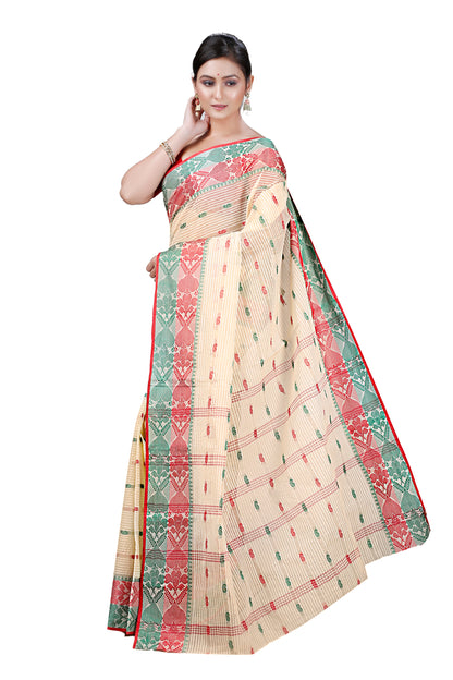 Cotton Tant Saree Geometric and Abstract Leaf Design Woven Saree