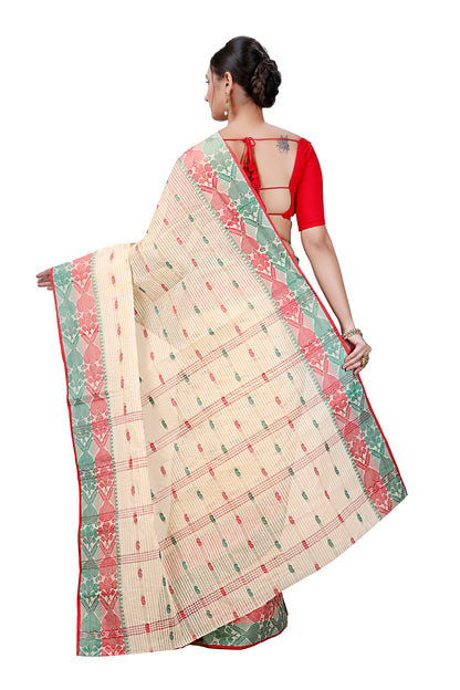Cotton Tant Saree Geometric and Abstract Leaf Design Woven Saree