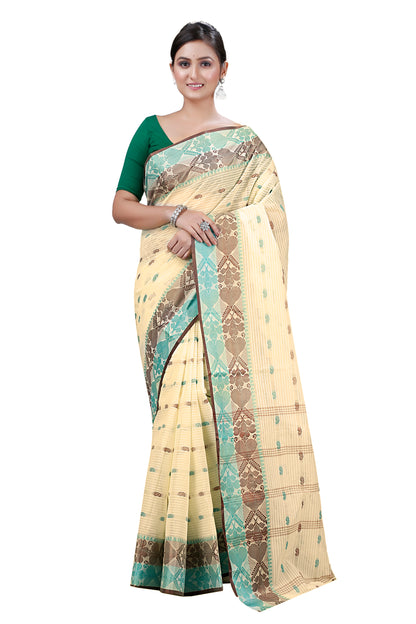 Cotton Tant Saree Geometric and Abstract Leaf Design Woven Saree