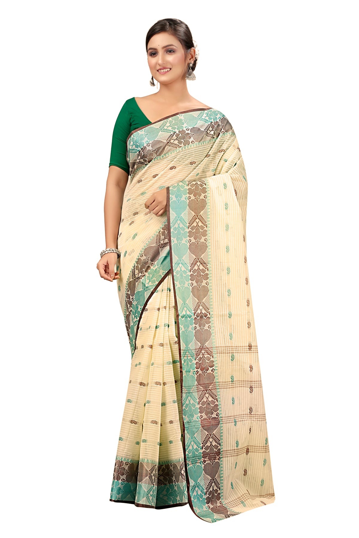 Cotton Tant Saree Geometric and Abstract Leaf Design Woven Saree