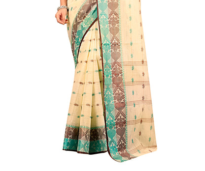 Cotton Tant Saree Geometric and Abstract Leaf Design Woven Saree