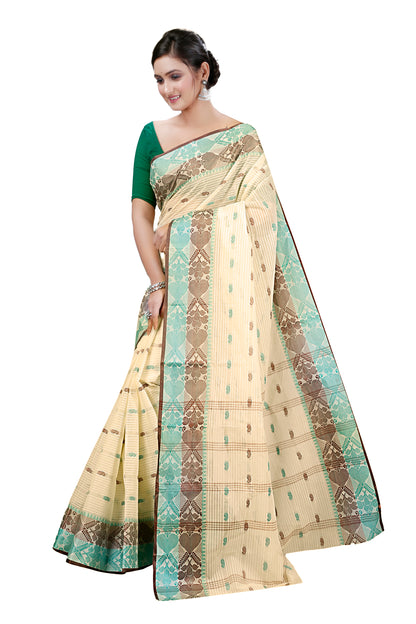 Cotton Tant Saree Geometric and Abstract Leaf Design Woven Saree