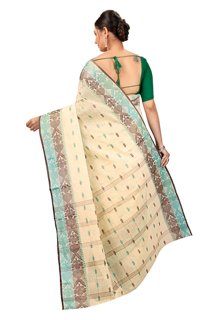 Cotton Tant Saree Geometric and Abstract Leaf Design Woven Saree
